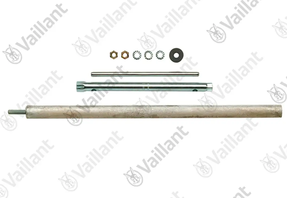 Vaillant Anode mit verschiedenen Zubehörteilen, darunter Riegel, Dichtungen und Unterlegscheiben, angeordnet auf weißem Hintergrund.
